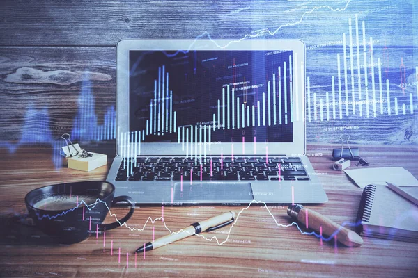 Multi exposure of chart and financial info and work space with computer background. Concept of international online trading. — Stock Photo, Image