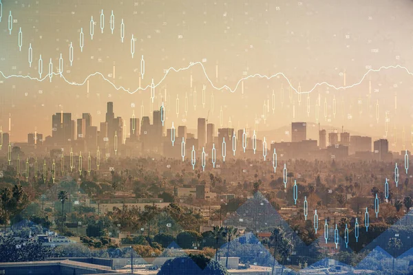 Graphique Forex sur le paysage urbain avec gratte-ciel papier peint multi exposition. Concept de recherche financière. — Photo