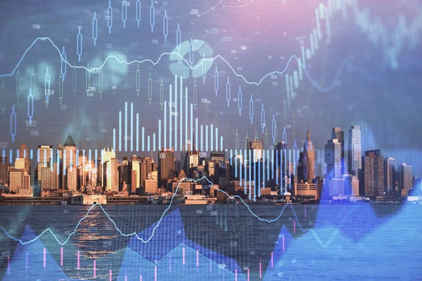 Gráfico de divisas en paisaje urbano con rascacielos wallpaper exposición múltiple. Concepto de investigación financiera . —  Fotos de Stock