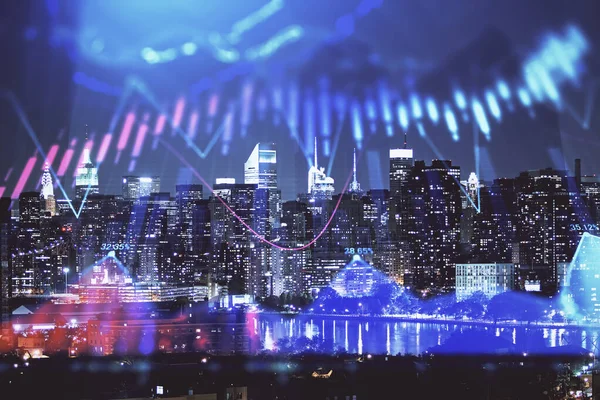 Double exposure of forex chart drawings over cityscape background. Concept of success. — Stock Photo, Image