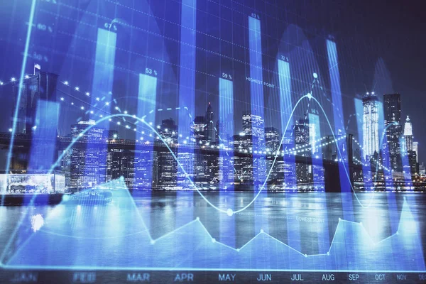 Financial graph on night city scape with tall buildings background multi exposure. Analysis concept. — Stock Photo, Image