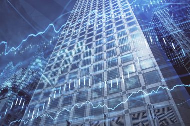 Yüksek binaların arka planında çoklu pozlama olan eski şehir haritası. Finansal araştırma kavramı.