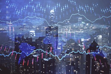 Cityscape arka plan üzerinde forex grafik çizimleri çift pozlama. Başarı kavramı.