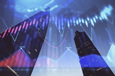 Yüksek binaların arka planında çoklu pozlama olan eski şehir haritası. Finansal araştırma kavramı.