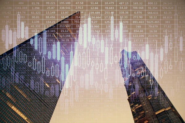 Diagrama de la divisa en paisaje urbano con edificios altos fondo multi exposición. Concepto de investigación financiera . —  Fotos de Stock