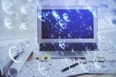 Eski pazar grafiği hologramı ve kişisel bilgisayar geçmişi. Çifte maruziyet. Yatırım kavramı.