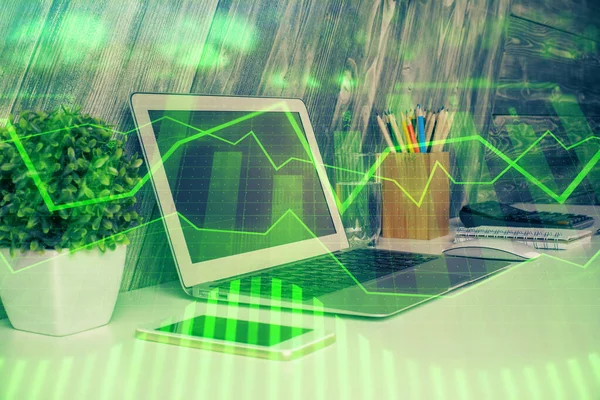 Multi exposure of forex chart and work space with computer. Concept of international online trading. — Stock Photo, Image