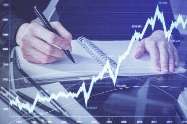 Forex grafik hologram el notları arka plan alarak. Analiz kavramı. Çoklu pozlama