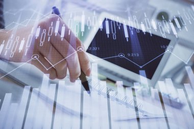 Finansal Forex grafiği el notları arka plan alarak çizilmiş. Araştırma kavramı. Çoklu pozlama