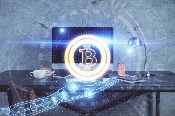 Engelleme zinciri ve kripto ekonomi temalı hologram ve bilgisayar geçmişi olan bir masa. Bitcoin kripto para kavramı.