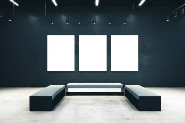 Üç tane boş ilan panosu olan salon.