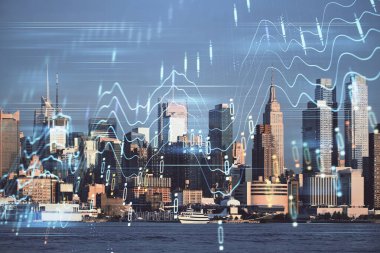 Gökdelenler arka planda çift pozlama ile şehir görünümünde eski grafik. Mali analiz kavramı.