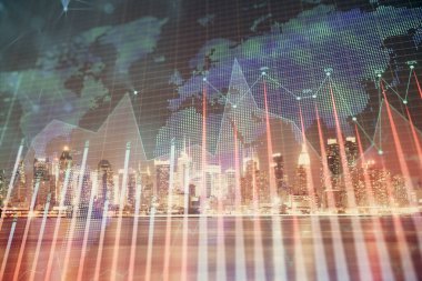 Yüksek binalar arka plan çok pozlama ile gece şehir scape mali grafik. Analiz kavramı.