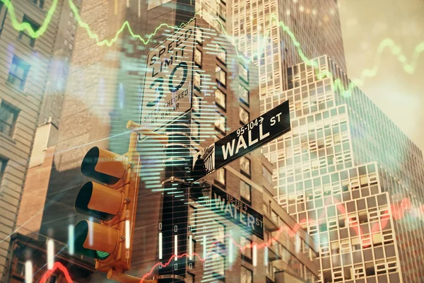 Forex chart on cityscape with tall buildings background multi exposure. Financial research concept. — Stock Photo, Image