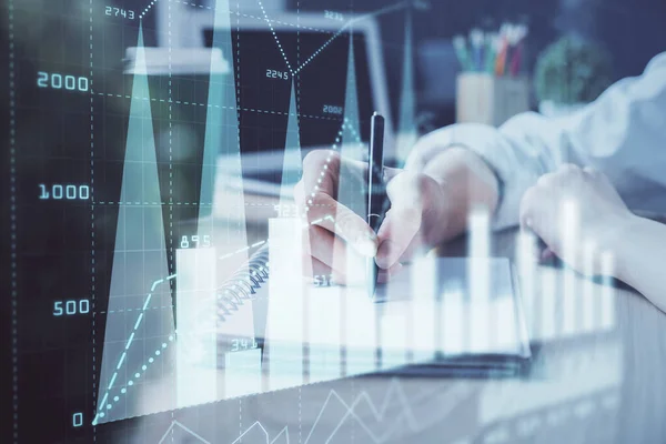 Gráfico de divisas que se muestra en las mujeres mano tomando notas de fondo. Concepto de investigación. Doble exposición —  Fotos de Stock