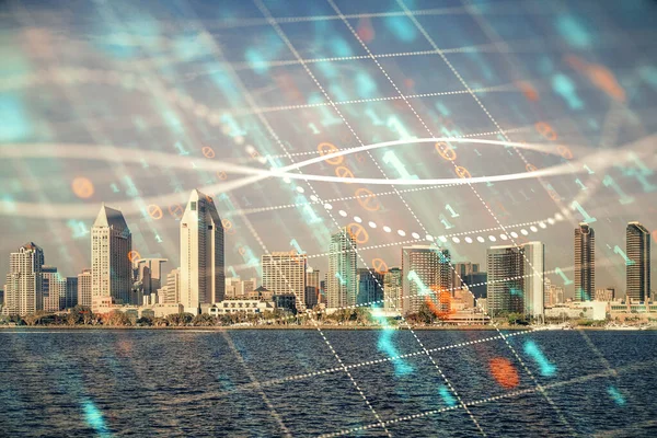 Devisendiagramm auf Stadtbild mit Wolkenkratzern Tapete Multi-Exposure. Finanzielles Forschungskonzept. — Stockfoto