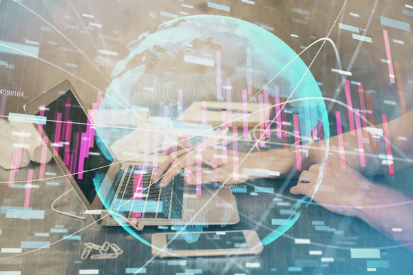 Double exposure of forex chart with man working on computer on background. Concept of market analysis. — Stock Photo, Image