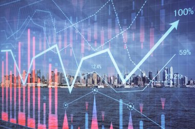 Gökdelenler arka planda çift pozlama ile şehir görünümünde eski grafik. Mali analiz kavramı.