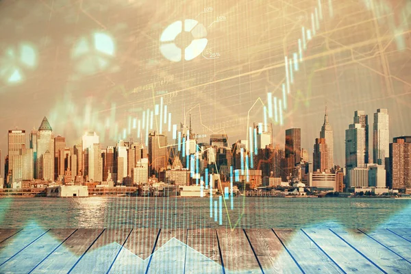 Forex graph on city view with skyscrapers background multi exposure. Financial analysis concept. — Stock Photo, Image