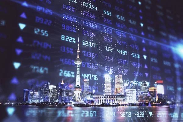 Financial graph on night city scape with tall buildings background multi exposure. Analysis concept.