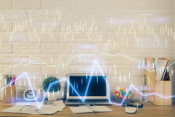 Doppelbelichtung von Forex-Diagramm und Arbeitsbereich mit Computer. Konzept des internationalen Online-Handels. — Stockfoto