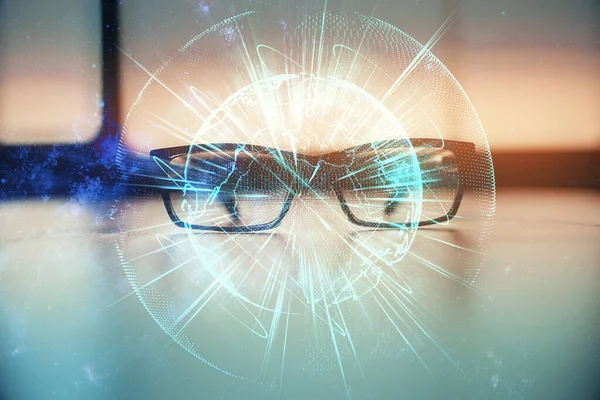 Голограмма бизнес-тематики с очками на фоне стола. Концепция поиска. Двойное воздействие. — стоковое фото