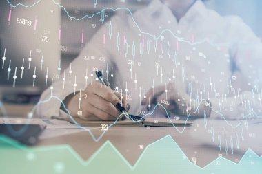 Finansal grafik el notları arka plan alarak üzerinde çizilmiş. Araştırma kavramı. Çoklu pozlama