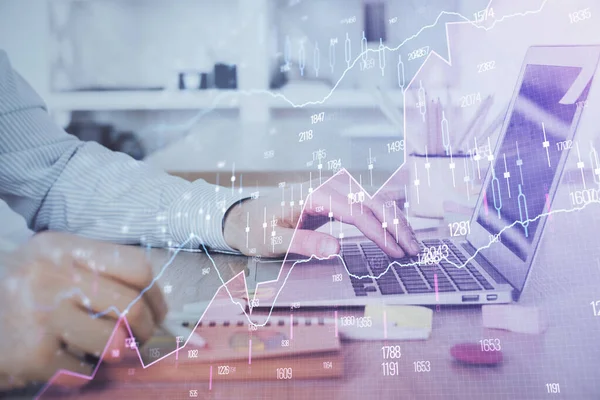 Multi exposure of stock market chart with man working on computer on background. Concept of financial analysis. — Stock Photo, Image