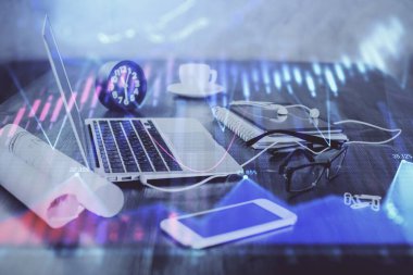 Bilgisayar geçmişi olan eski grafik hologramı. Çoklu maruz kalma. Finans piyasası kavramı.