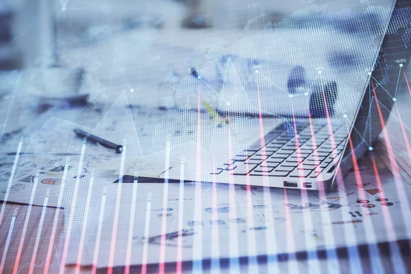 Stock market graph and table with computer background. Double exposure. Concept of financial analysis. — Stock Photo, Image