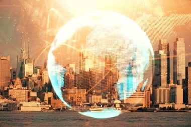 İş temalı hologram çizimine ve şehrin arka planına çifte maruz kalma. Başarı kavramı.