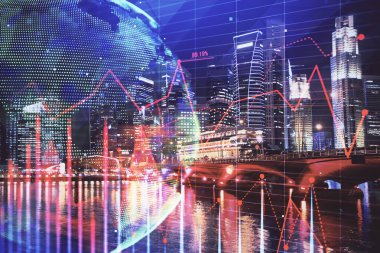 Yüksek binalar arka plan çok pozlama ile şehir scape mali grafik. Analiz kavramı.