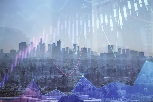 Графік валют на міському пейзажі з хмарочосами шпалери багаторазової експозиції. концепція фінансових досліджень . — стокове фото
