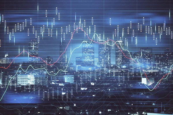 Gráfico financiero sobre paisaje nocturno de la ciudad con edificios altos de fondo multi exposición. Concepto de análisis . —  Fotos de Stock