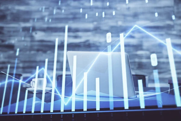 Forex Chart ολόγραμμα στο τραπέζι με φόντο υπολογιστή. Πολλαπλή έκθεση. Έννοια των χρηματοπιστωτικών αγορών. — Φωτογραφία Αρχείου