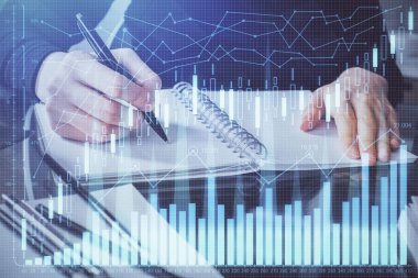 Forex grafik hologram el notları arka plan alarak. Analiz kavramı. Çoklu pozlama