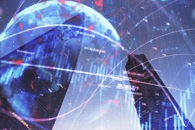 Gökdelenler, duvar kağıtları ve çoklu pozlama ile şehir manzarasının eski çizelgesi. Finansal araştırma kavramı.