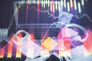 Eski pazar grafiği hologramı ve kişisel bilgisayar geçmişi. Çoklu maruz kalma. Yatırım kavramı.