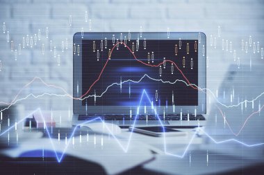 Eski pazar grafiği hologramı ve kişisel bilgisayar geçmişi. Çoklu maruz kalma. Yatırım kavramı.