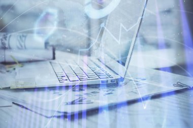 Bilgisayar geçmişi olan eski grafik hologramı. Çifte maruziyet. Finans piyasası kavramı.