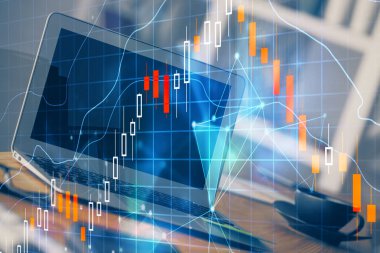 Arka planda eski pazar grafik hologramı ve kişisel bilgisayar var. Çoklu maruz kalma. Yatırım kavramı.