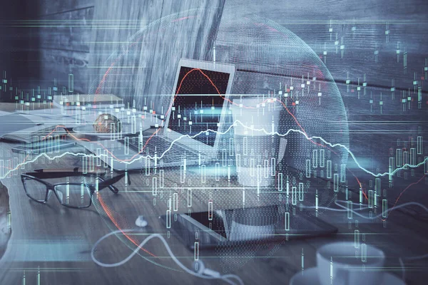 Doppelbelichtung von Forex-Diagramm und Arbeitsbereich mit Computer. Konzept des internationalen Online-Handels. — Stockfoto