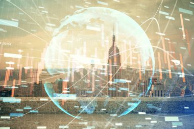 Gökdelenler arka planda çoklu pozlama ile şehir görünümünde eski grafik. Mali analiz kavramı.