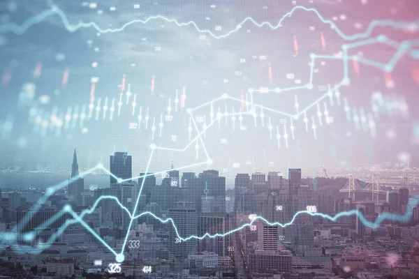 Forex-Graph auf Stadtansicht mit Wolkenkratzern Hintergrund Multi-Exposure. Finanzanalysekonzept. — Stockfoto