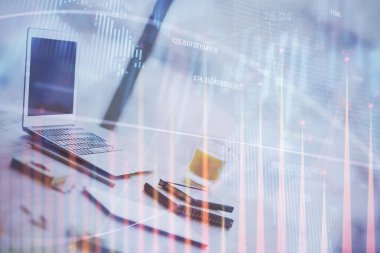 Bilgisayar geçmişi olan eski grafik hologramı. Çoklu maruz kalma. Finans piyasası kavramı.