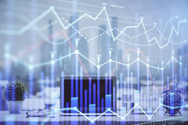 Bilgisayar geçmişi olan eski grafik hologramı. Çoklu maruz kalma. Finans piyasası kavramı.