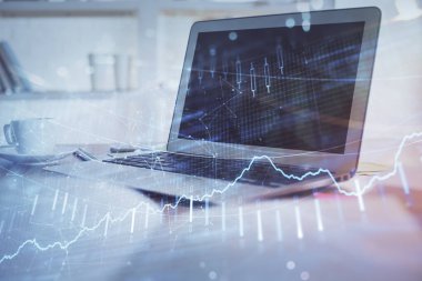 Bilgisayar geçmişi olan eski grafik hologramı. Çifte maruziyet. Finans piyasası kavramı.