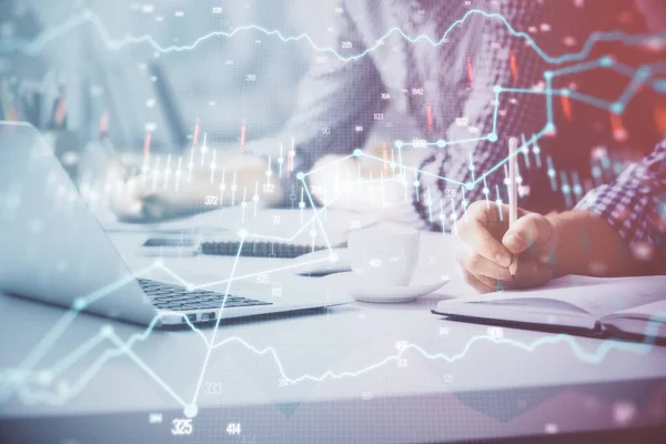 Multi exposure of forex chart with man working on computer on background. Concept of market analysis. — Stock Photo, Image