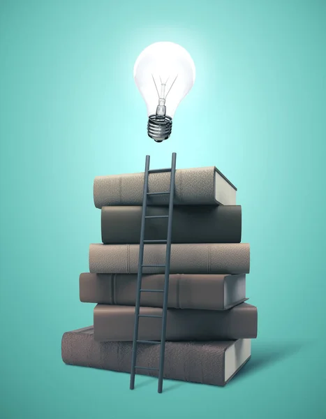 Egy halom könyv villanykörtével — Stock Fotó