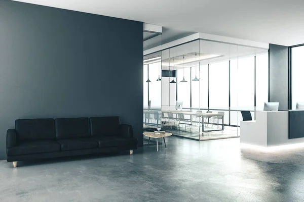 Concrete office interior with reception desk, city view and dayl — Stock Photo, Image